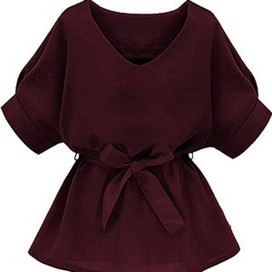 V Neckline Self Tie Short Sleeve Blouse Tu